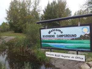 Welcome sign at entrance to Riverbend Campground, Okotoks, south of Calgary Alberta.