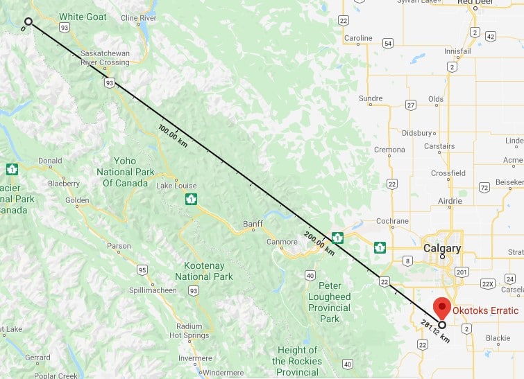 mapiong showing distance from origin to final resting place of Okotoks Erratic